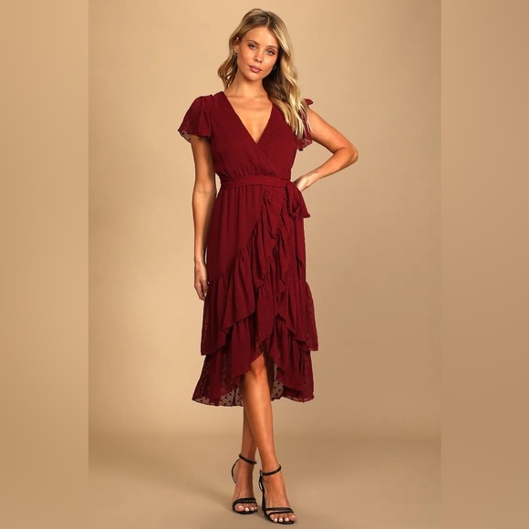 NWT Lulus Have Harmony Burgundy Swiss Dot Ruffled Faux Wrap Midi Dress - Picture 1 of 9